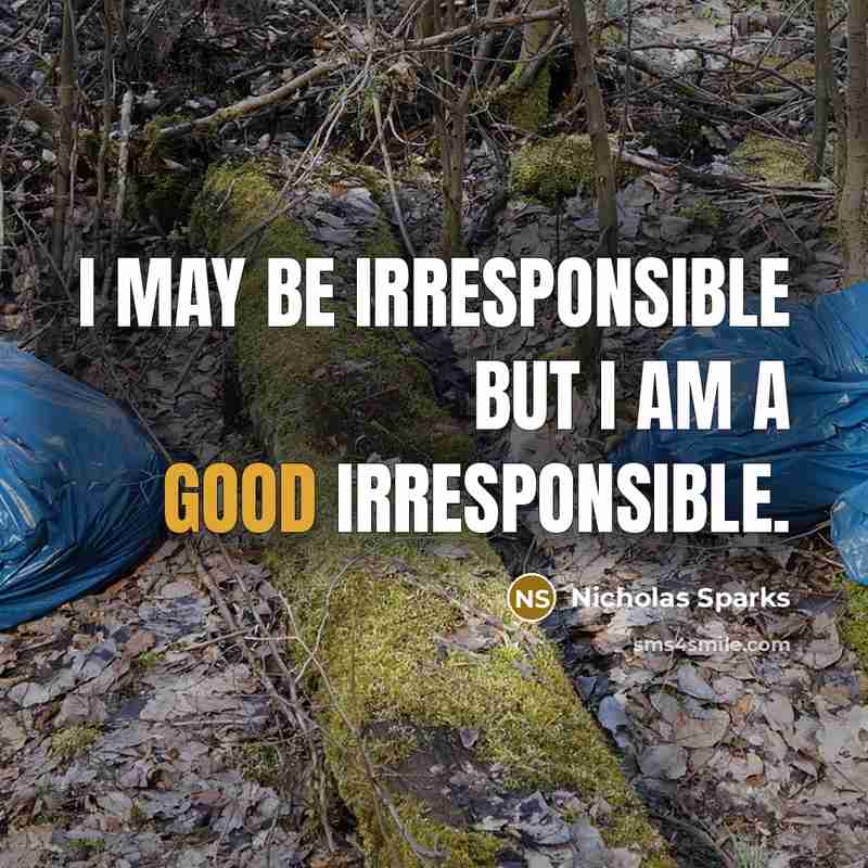 “I may be irresponsible but I am a good irresponsible.” quote by Nicholas Sparks