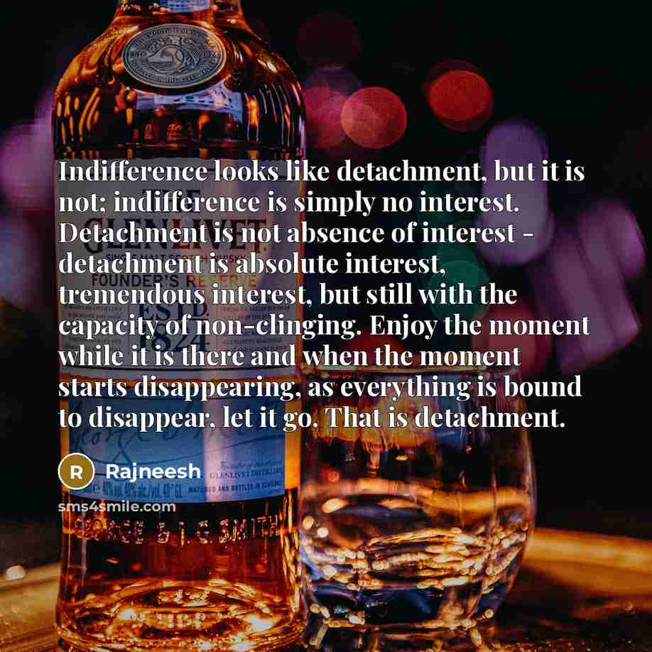 “Indifference looks like detachment, but it is not; indifference is simply no interest. Detachment is not absence of interest - detachment is absolute interest, tremendous interest, but still with the capacity of non-clinging. Enjoy the moment while it is there and when the moment starts…” quote by Rajneesh
