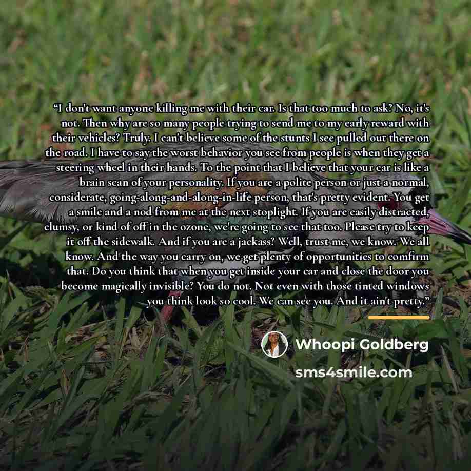“I don't want anyone killing me with their car. Is that too much to ask? No, it's not. Then why are so many people trying to send me to my early reward with their vehicles? Truly. I can't believe some of the stunts I see pulled out there on the road. I have to say the worst behavior you see from…” quote by Whoopi Goldberg