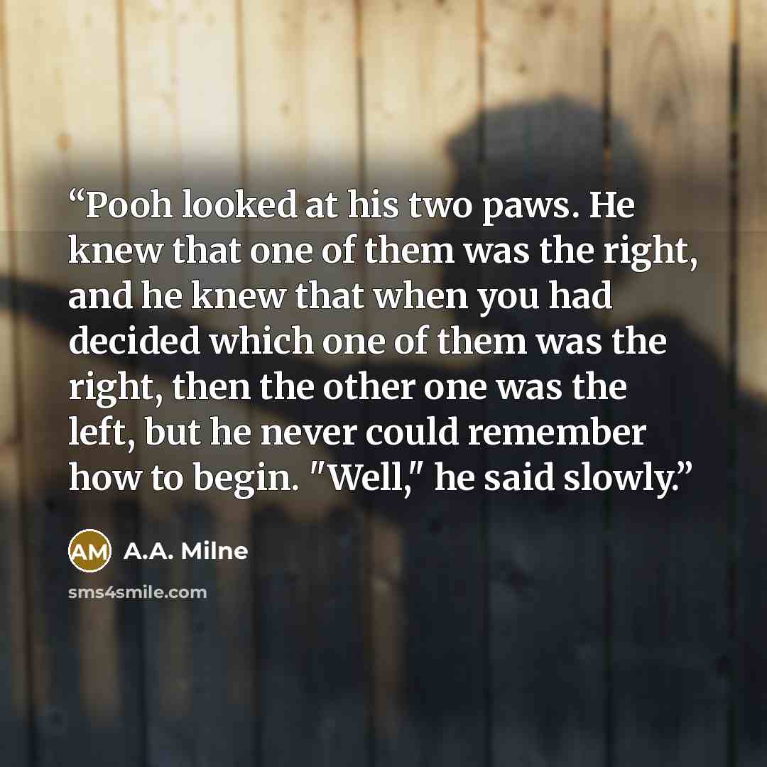 “Pooh looked at his two paws. He knew that one of them was the right, and he knew that when you had decided which one of them was the right, then the other one was the left, but he never could remember how to begin. "Well," he said slowly.” quote by A.A. Milne