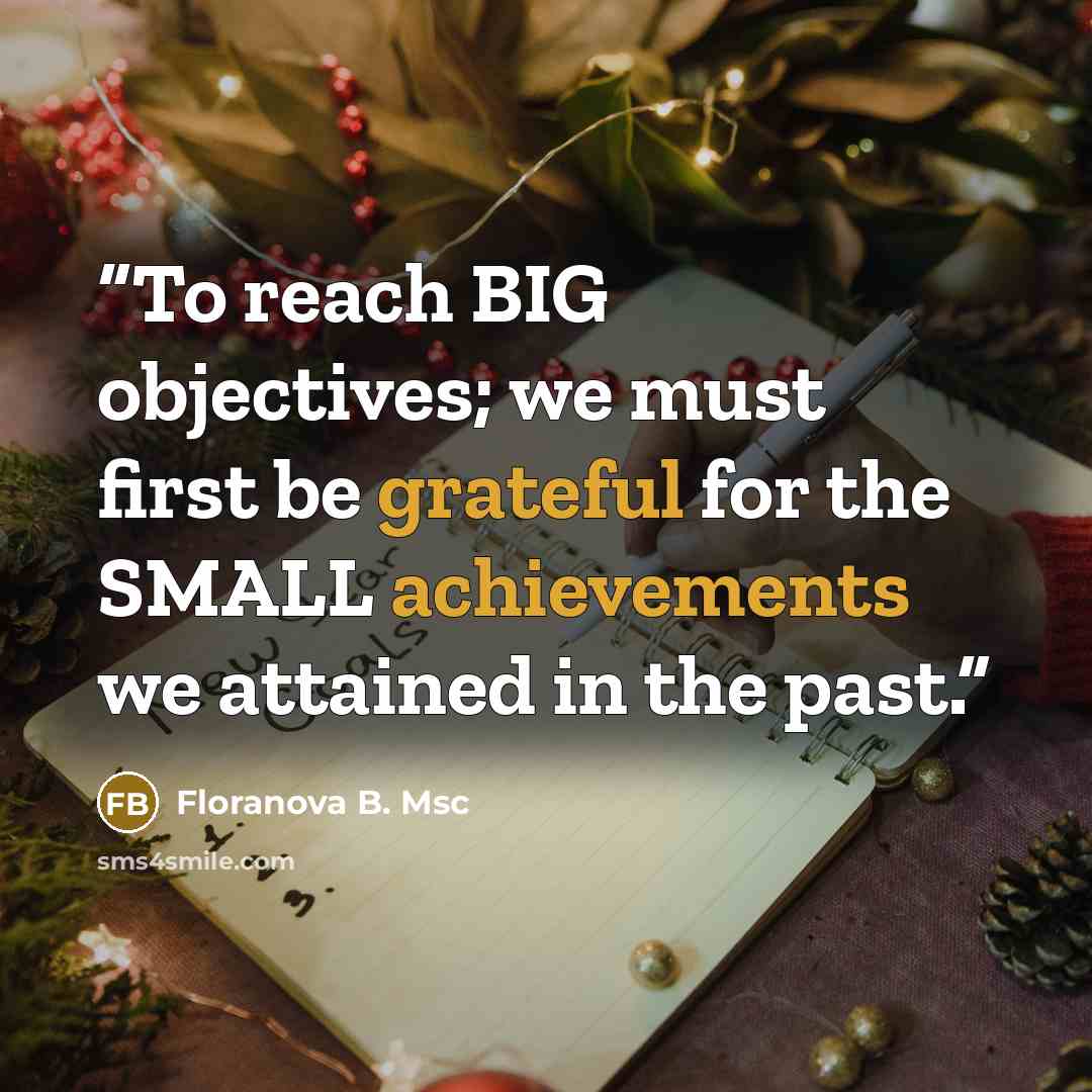 “To reach BIG objectives; we must first be grateful for the SMALL achievements we attained in the past.” quote by Floranova B. Msc