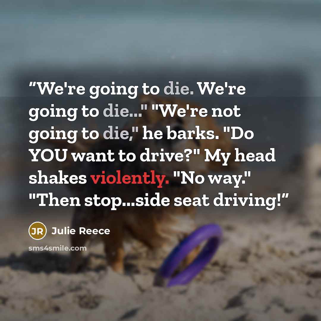 “We're going to die. We're going to die..." "We're not going to die," he barks. "Do YOU want to drive?" My head shakes violently. "No way." "Then stop...side seat driving!” quote by Julie Reece
