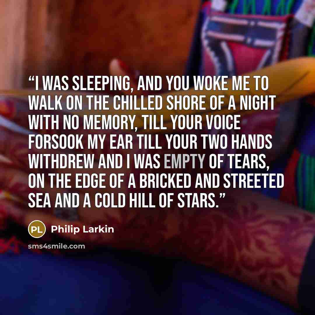 “I was sleeping, and you woke me To walk on the chilled shore Of a night with no memory, Till your voice forsook my ear Till your two hands withdrew And I was empty of tears, On the edge of a bricked and streeted sea And a cold hill of stars.” quote by Philip Larkin