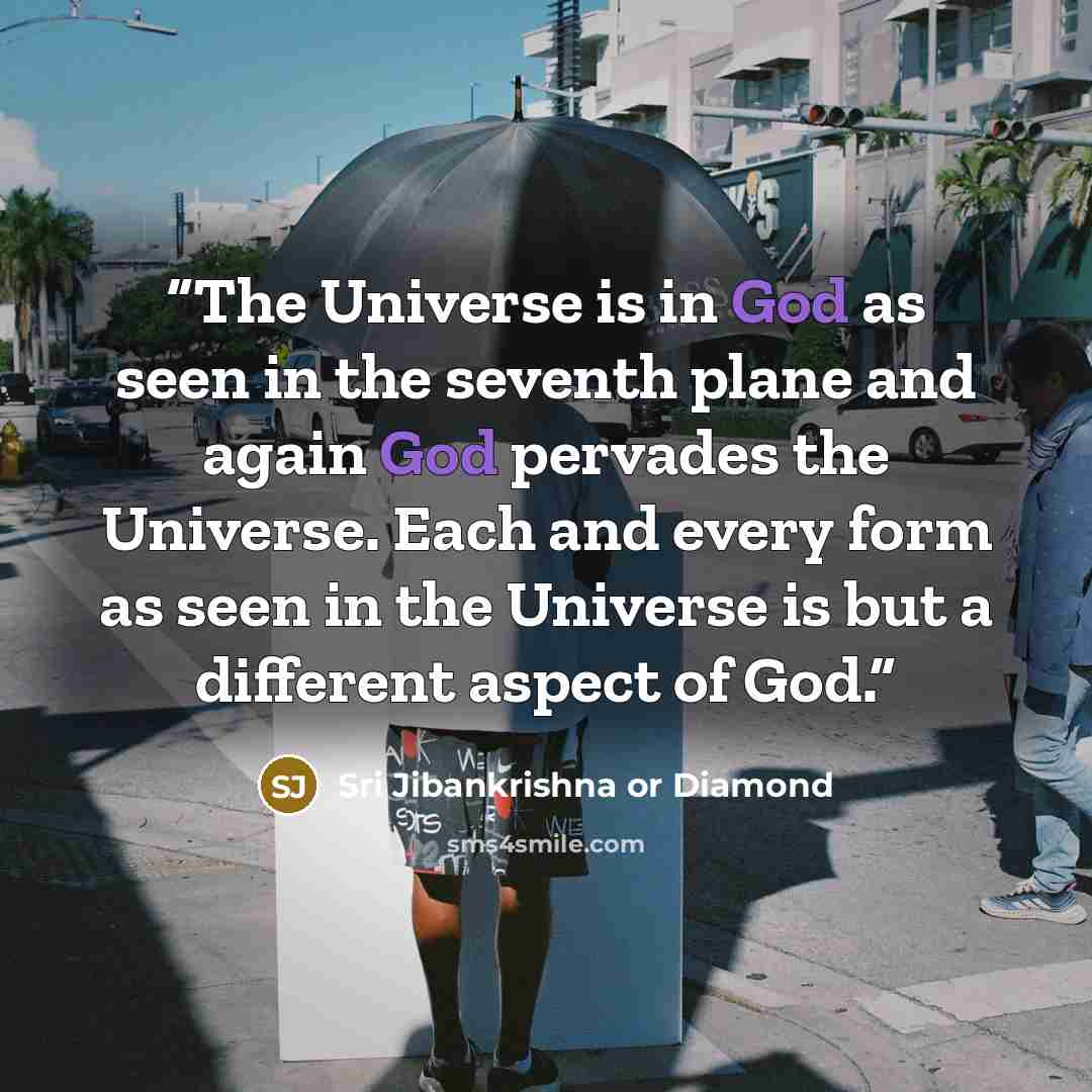 “The Universe is in God as seen in the seventh plane and again God pervades the Universe. Each and every form as seen in the Universe is but a different aspect of God.” quote by Sri Jibankrishna or Diamond