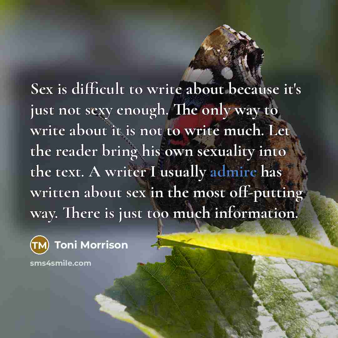 “Sex is difficult to write about because it's just not sexy enough. The only way to write about it is not to write much. Let the reader bring his own sexuality into the text. A writer I usually admire has written about sex in the most off-putting way. There is just too much information.” quote by Toni Morrison
