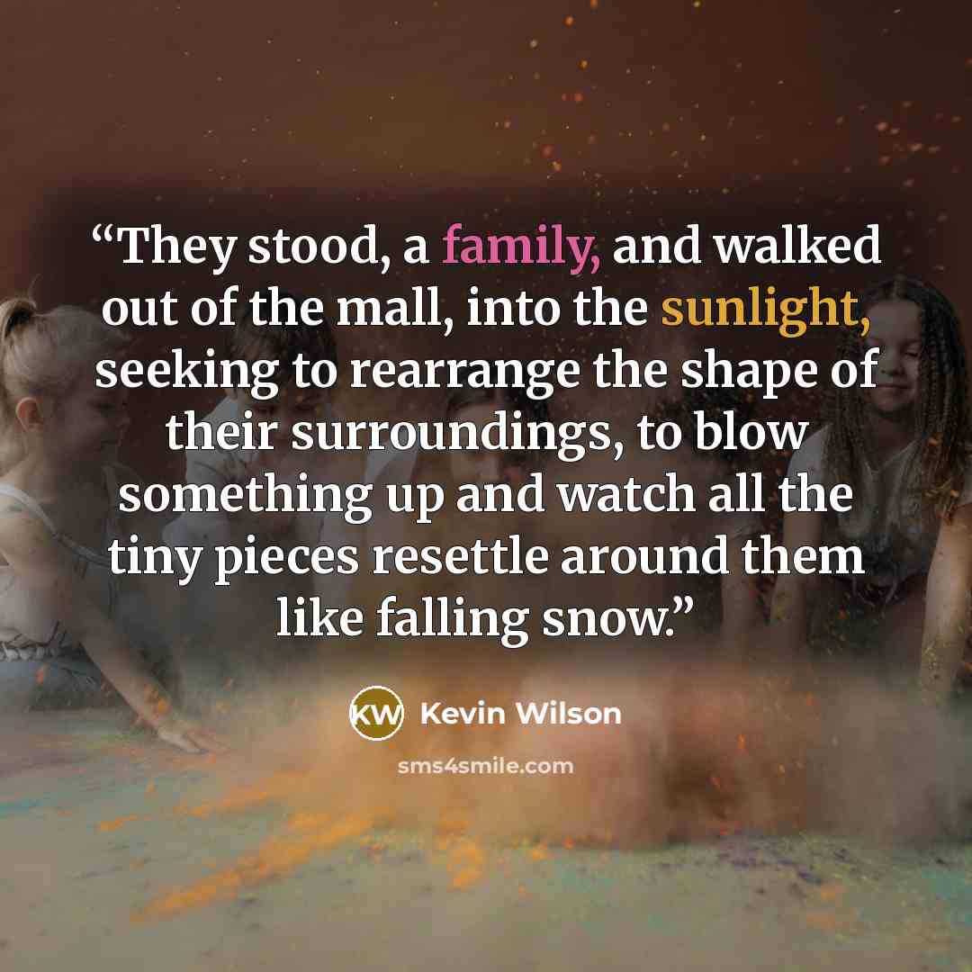 “They stood, a family, and walked out of the mall, into the sunlight, seeking to rearrange the shape of their surroundings, to blow something up and watch all the tiny pieces resettle around them like falling snow.” quote by Kevin Wilson