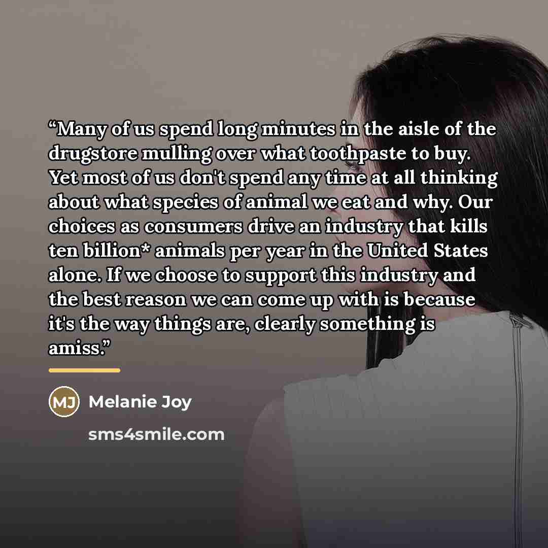 “Many of us spend long minutes in the aisle of the drugstore mulling over what toothpaste to buy. Yet most of us don't spend any time at all thinking about what species of animal we eat and why. Our choices as consumers drive an industry that kills ten billion* animals per year in the United States…” quote by Melanie Joy
