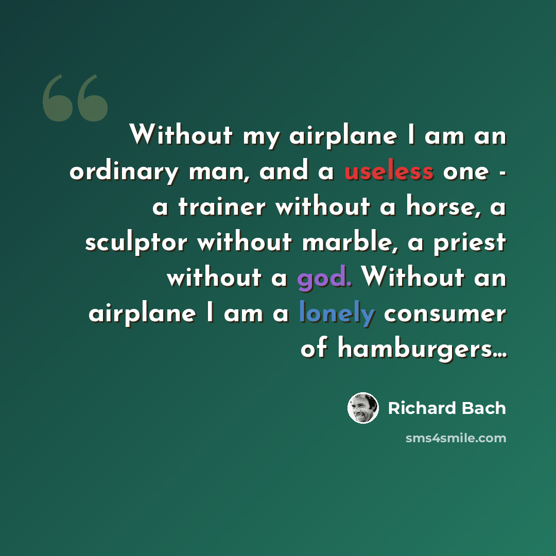 “Without my airplane I am an ordinary man, and a useless one - a trainer without a horse, a sculptor without marble, a priest without a god. Without an airplane I am a lonely consumer of hamburgers...” quote by Richard Bach