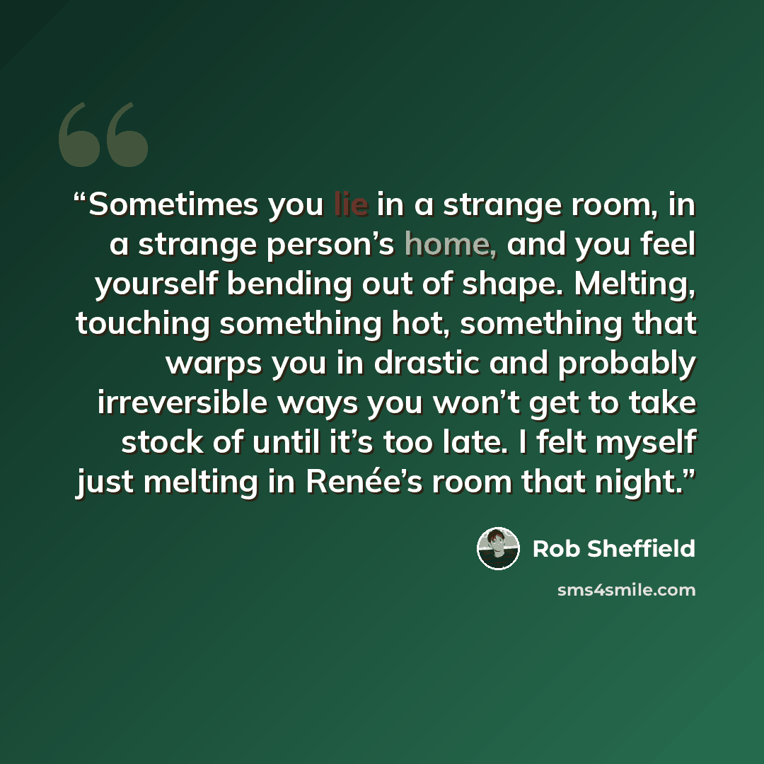“Sometimes you lie in a strange room, in a strange person’s home, and you feel yourself bending out of shape. Melting, touching something hot, something that warps you in drastic and probably irreversible ways you won’t get to take stock of until it’s too late. I felt myself just melting in Renée’s…” quote by Rob Sheffield
