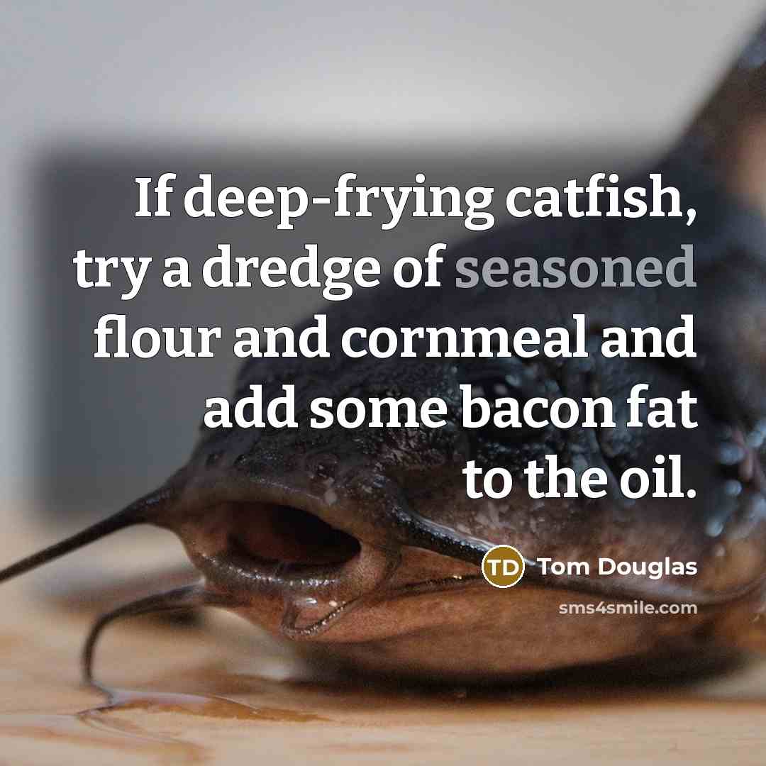 “If deep-frying catfish, try a dredge of seasoned flour and cornmeal and add some bacon fat to the oil.” quote by Tom Douglas