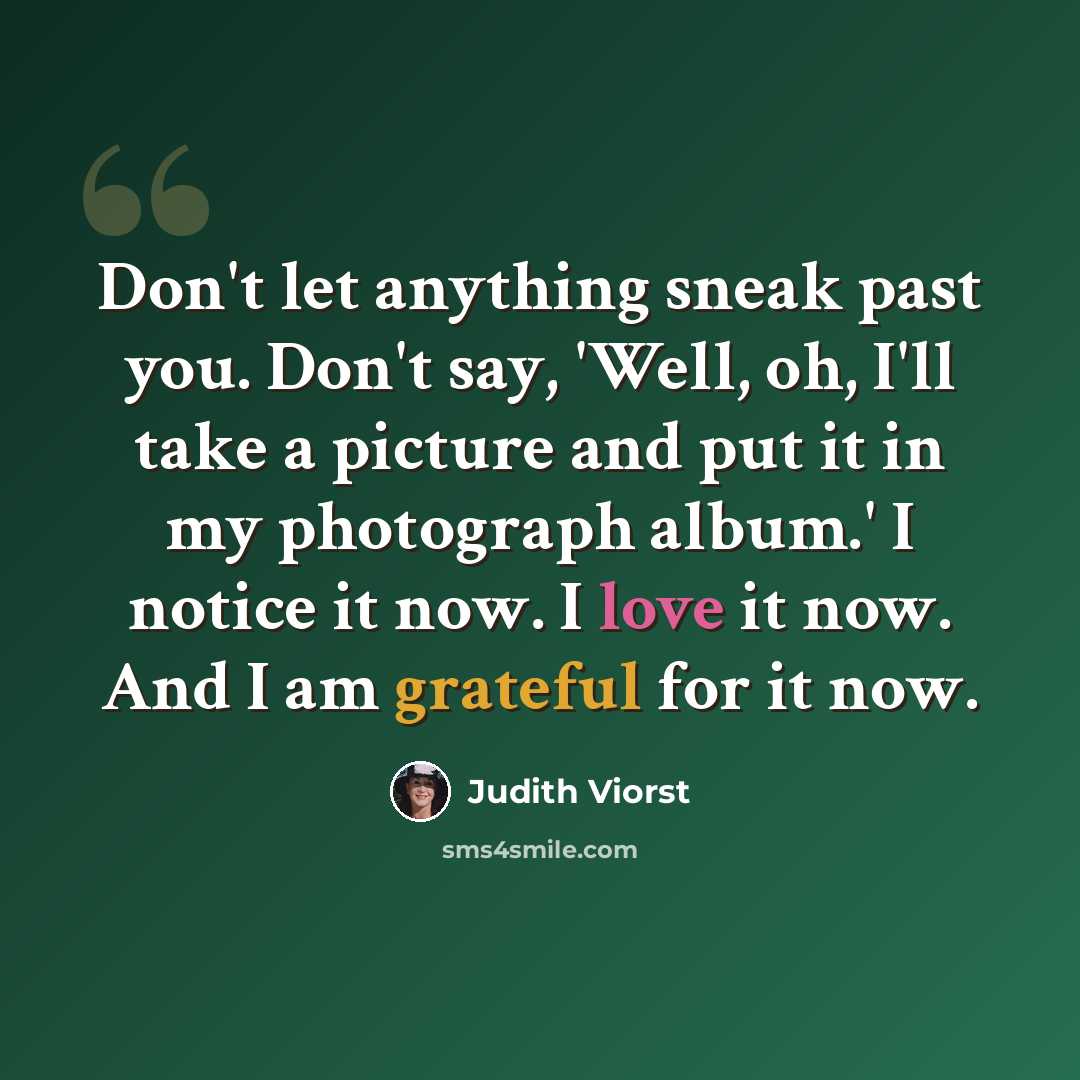 “Don't let anything sneak past you. Don't say, 'Well, oh, I'll take a picture and put it in my photograph album.' I notice it now. I love it now. And I am grateful for it now.” quote by Judith Viorst