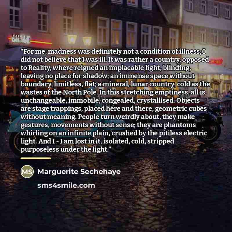 “For me, madness was definitely not a condition of illness; I did not believe that I was ill. It was rather a country, opposed to Reality, where reigned an implacable light, blinding, leaving no place for shadow; an immense space without boundary, limitless, flat; a mineral, lunar country, cold as…” quote by Marguerite Sechehaye