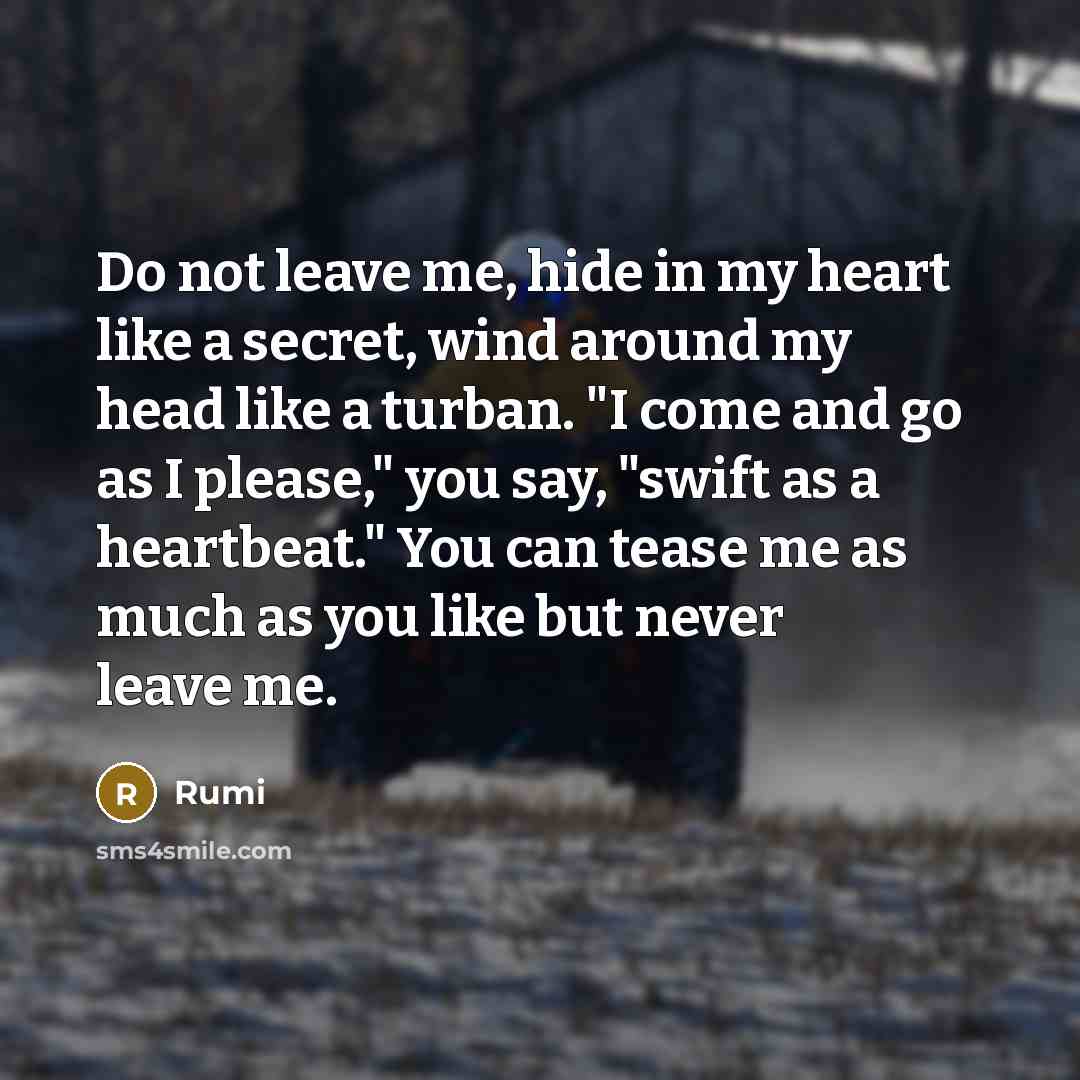 “Do not leave me, hide in my heart like a secret, wind around my head like a turban. "I come and go as I please," you say, "swift as a heartbeat." You can tease me as much as you like but never leave me.” quote by Rumi