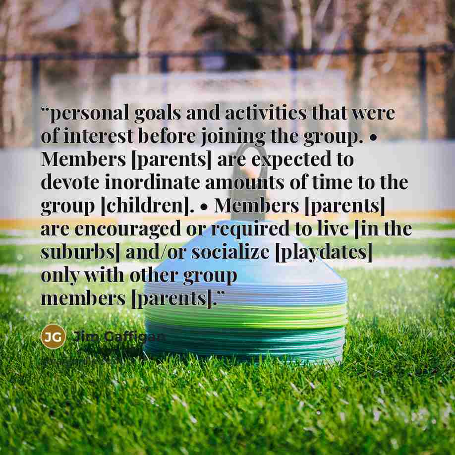 “personal goals and activities that were of interest before joining the group. • Members [parents] are expected to devote inordinate amounts of time to the group [children]. • Members [parents] are encouraged or required to live [in the suburbs] and/or socialize [playdates] only with other group…” quote by Jim Gaffigan
