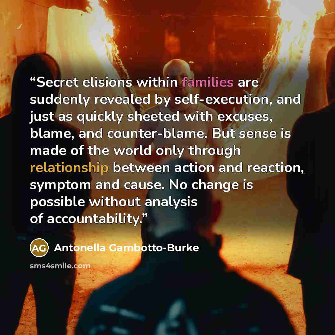 “Secret elisions within families are suddenly revealed by self-execution, and just as quickly sheeted with excuses, blame, and counter-blame. But sense is made of the world only through relationship between action and reaction, symptom and cause. No change is possible without analysis of…” quote by Antonella Gambotto-Burke