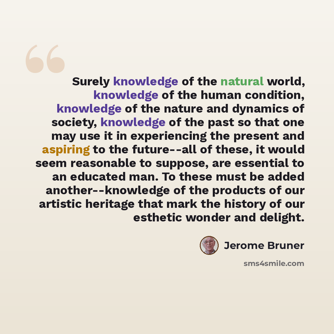 “Surely knowledge of the natural world, knowledge of the human condition, knowledge of the nature and dynamics of society, knowledge of the past so that one may use it in experiencing the present and aspiring to the future--all of these, it would seem reasonable to suppose, are essential to an…” quote by Jerome Bruner