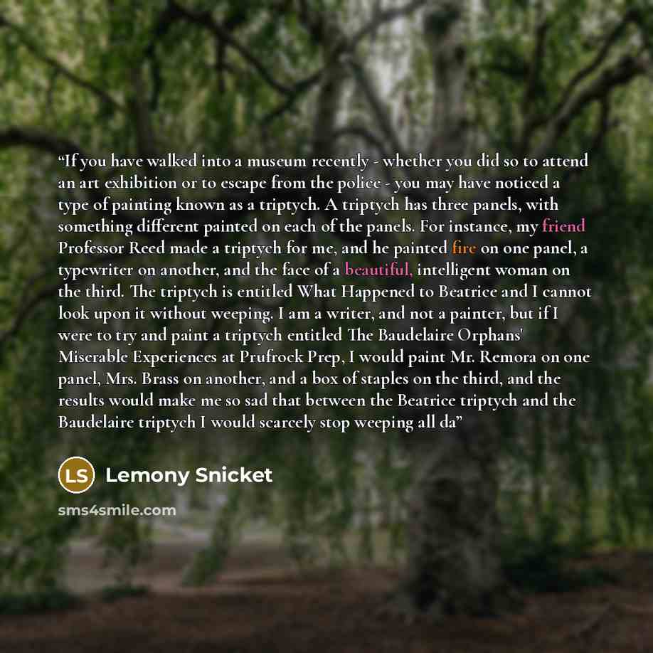 “If you have walked into a museum recently - whether you did so to attend an art exhibition or to escape from the police - you may have noticed a type of painting known as a triptych. A triptych has three panels, with something different painted on each of the panels. For instance, my friend…” quote by Lemony Snicket