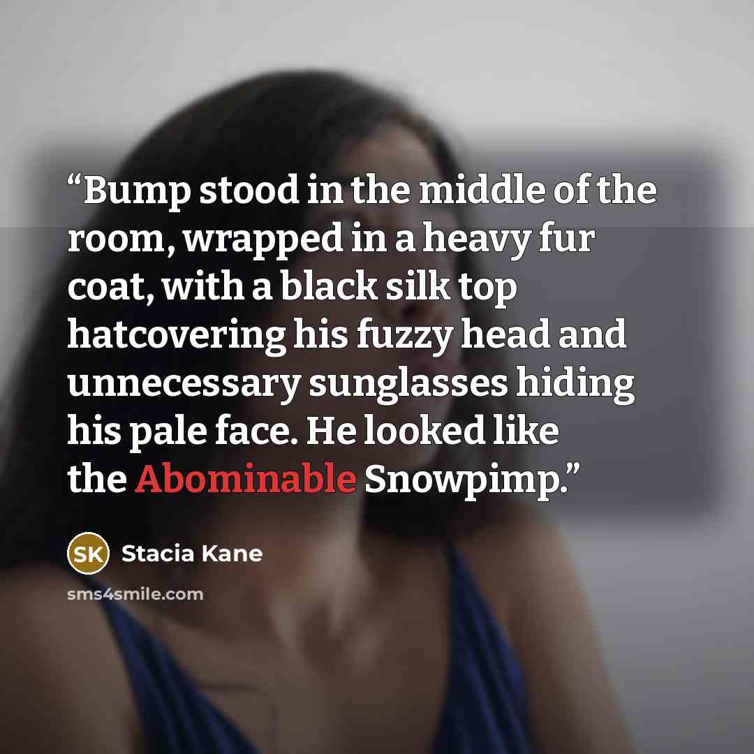 “Bump stood in the middle of the room, wrapped in a heavy fur coat, with a black silk top hatcovering his fuzzy head and unnecessary sunglasses hiding his pale face. He looked like the Abominable Snowpimp.” quote by Stacia Kane