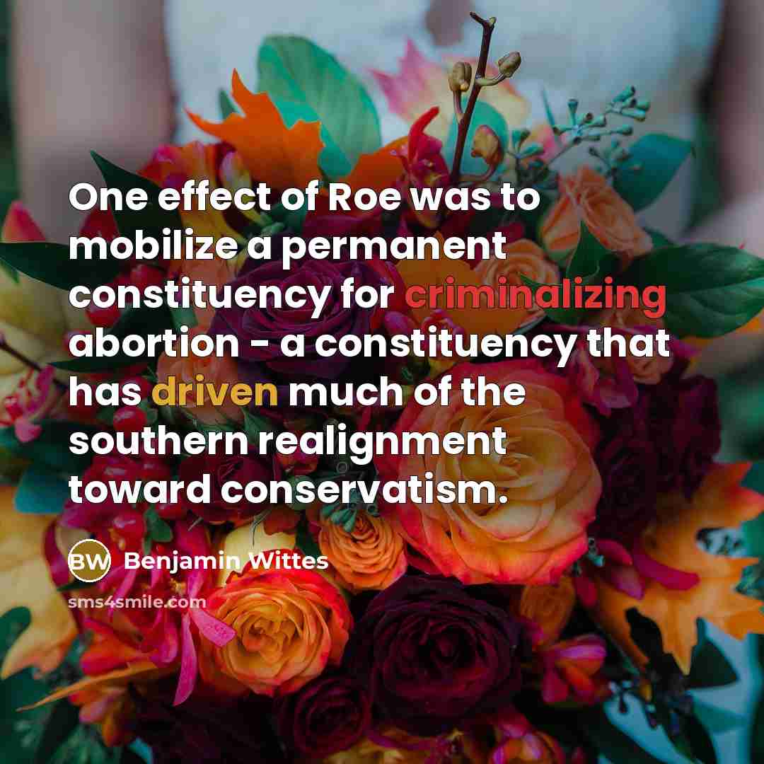 “One effect of Roe was to mobilize a permanent constituency for criminalizing abortion - a constituency that has driven much of the southern realignment toward conservatism.” quote by Benjamin Wittes