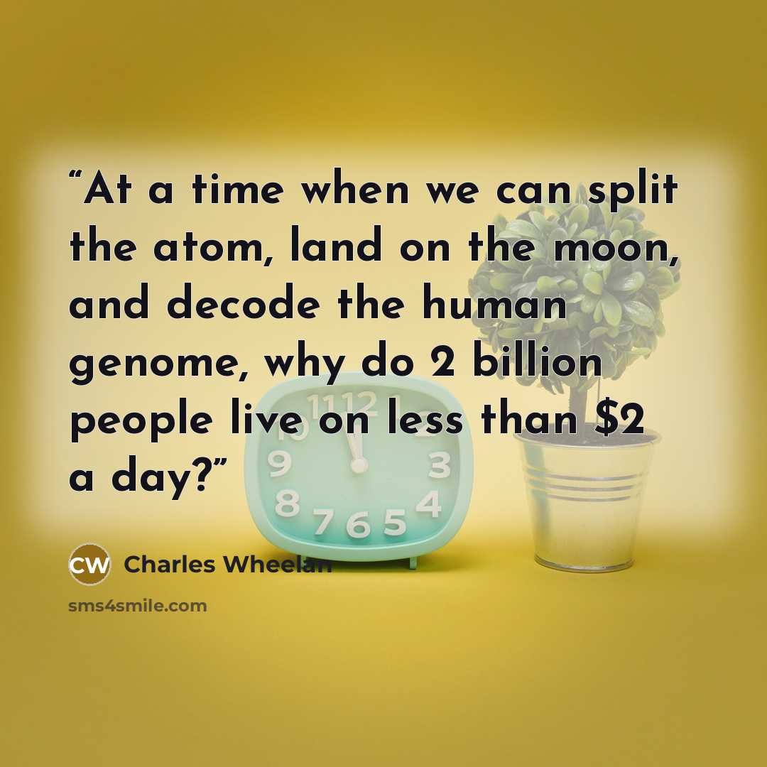 “At a time when we can split the atom, land on the moon, and decode the human genome, why do 2 billion people live on less than $2 a day?” quote by Charles Wheelan