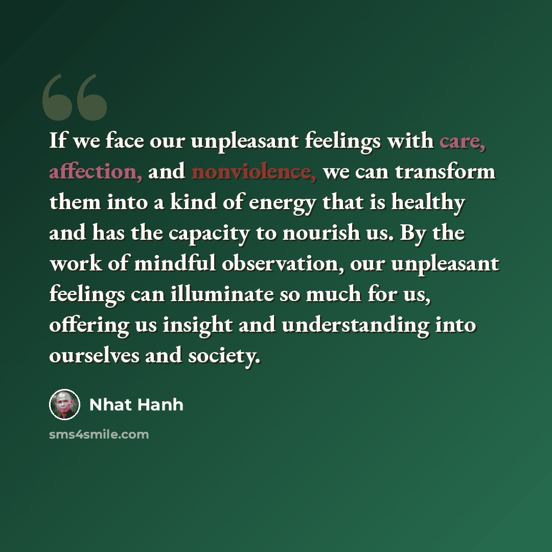 “If we face our unpleasant feelings with care, affection, and nonviolence, we can transform them into a kind of energy that is healthy and has the capacity to nourish us. By the work of mindful observation, our unpleasant feelings can illuminate so much for us, offering us insight and understanding…” quote by Nhat Hanh