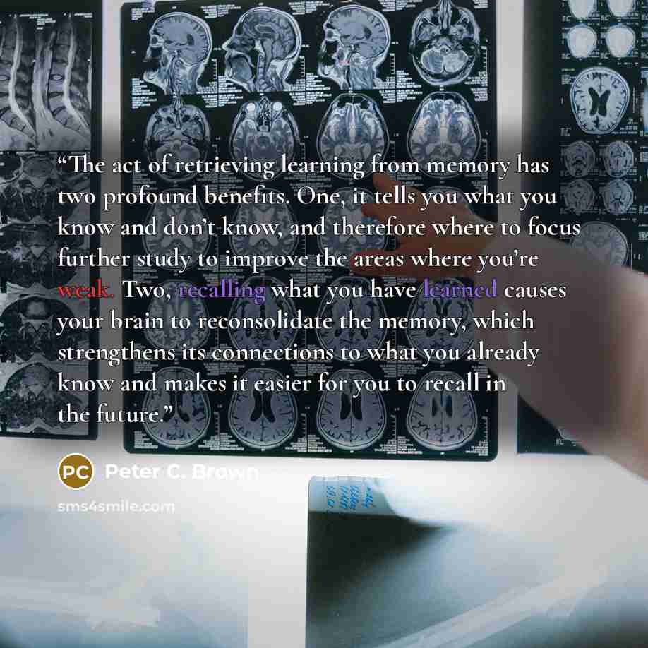 “The act of retrieving learning from memory has two profound benefits. One, it tells you what you know and don’t know, and therefore where to focus further study to improve the areas where you’re weak. Two, recalling what you have learned causes your brain to reconsolidate the memory, which…” quote by Peter C. Brown