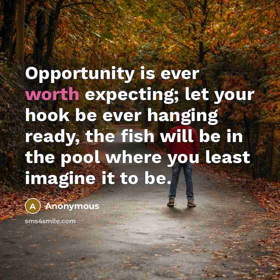 “Opportunity is ever worth expecting; let your hook be ever hanging ready, the fish will be in the pool where you least imagine it to be.” quote by Anonymous