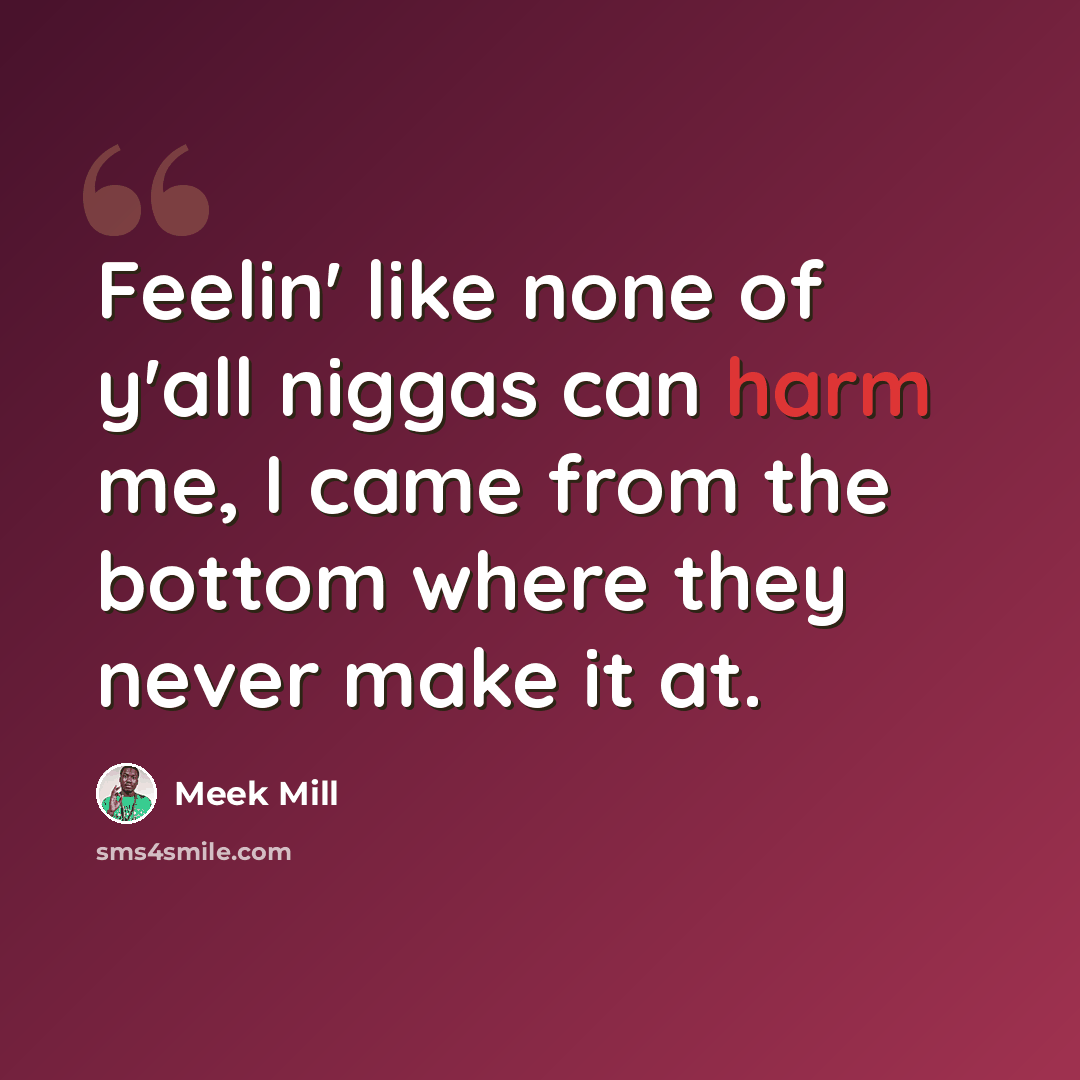“Feelin' like none of y'all niggas can harm me, I came from the bottom where they never make it at.” quote by Meek Mill