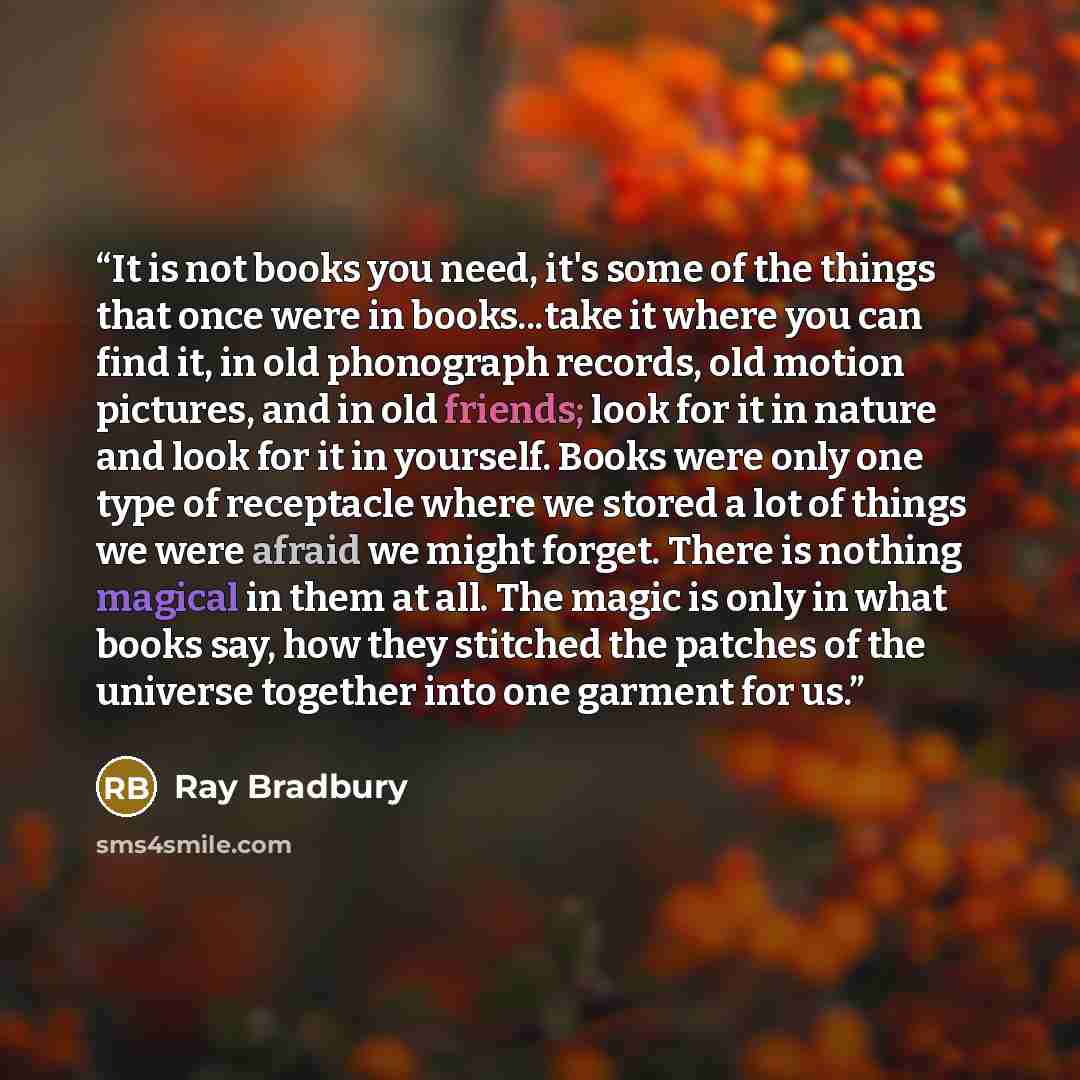 “It is not books you need, it's some of the things that once were in books...take it where you can find it, in old phonograph records, old motion pictures, and in old friends; look for it in nature and look for it in yourself. Books were only one type of receptacle where we stored a lot of things…” quote by Ray Bradbury