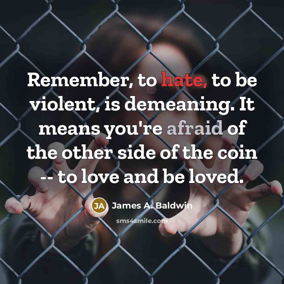 “Remember, to hate, to be violent, is demeaning. It means you're afraid of the other side of the coin -- to love and be loved.” quote by James A. Baldwin