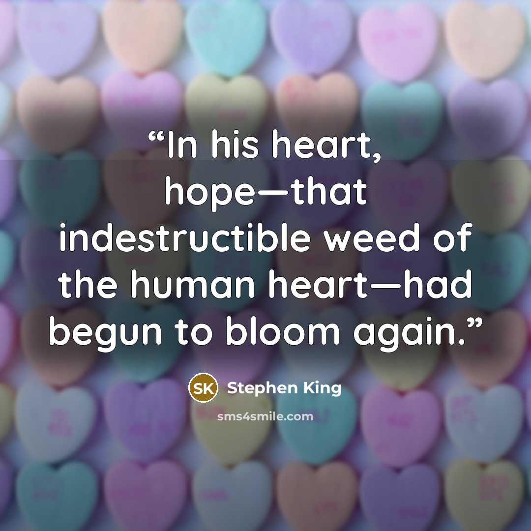 “In his heart, hope—that indestructible weed of the human heart—had begun to bloom again.” quote by Stephen King