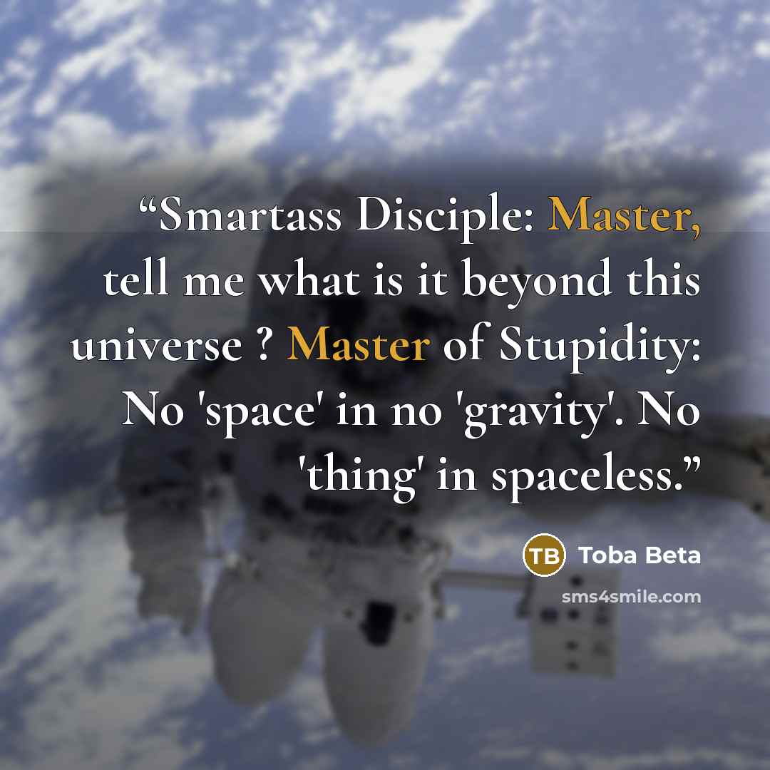 “Smartass Disciple: Master, tell me what is it beyond this universe ? Master of Stupidity: No 'space' in no 'gravity'. No 'thing' in spaceless.” quote by Toba Beta