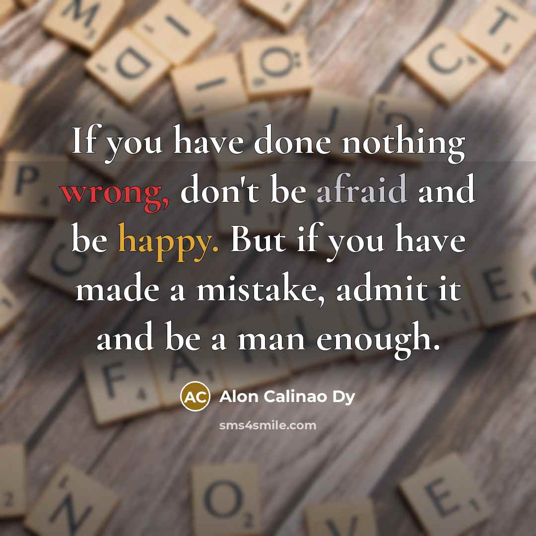 “If you have done nothing wrong, don't be afraid and be happy. But if you have made a mistake, admit it and be a man enough.” quote by Alon Calinao Dy
