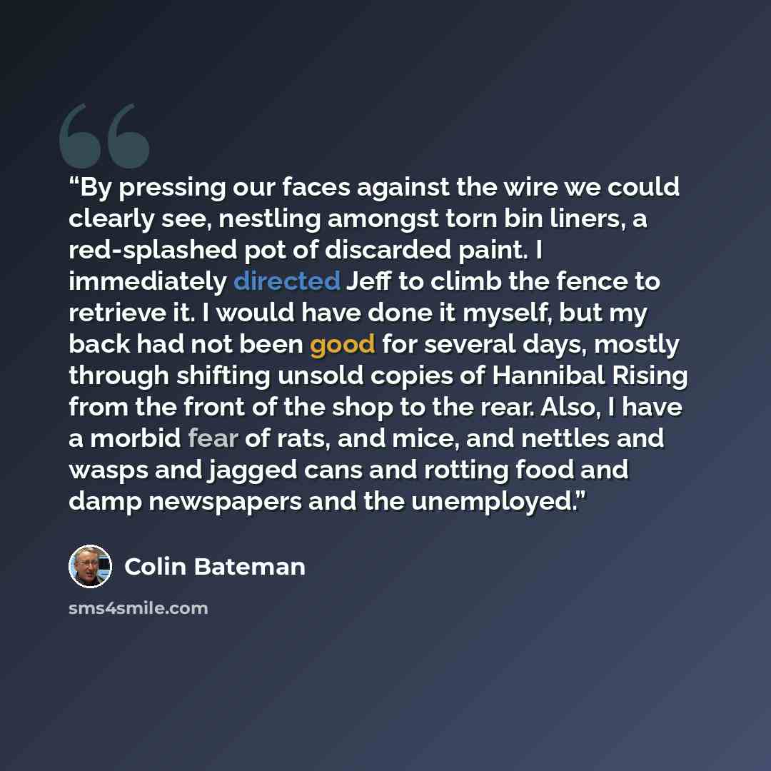 “By pressing our faces against the wire we could clearly see, nestling amongst torn bin liners, a red-splashed pot of discarded paint. I immediately directed Jeff to climb the fence to retrieve it. I would have done it myself, but my back had not been good for several days, mostly through shifting…” quote by Colin Bateman