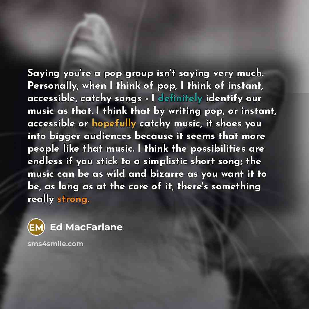 “Saying you're a pop group isn't saying very much. Personally, when I think of pop, I think of instant, accessible, catchy songs - I definitely identify our music as that. I think that by writing pop, or instant, accessible or hopefully catchy music, it shoes you into bigger audiences because it…” quote by Ed MacFarlane
