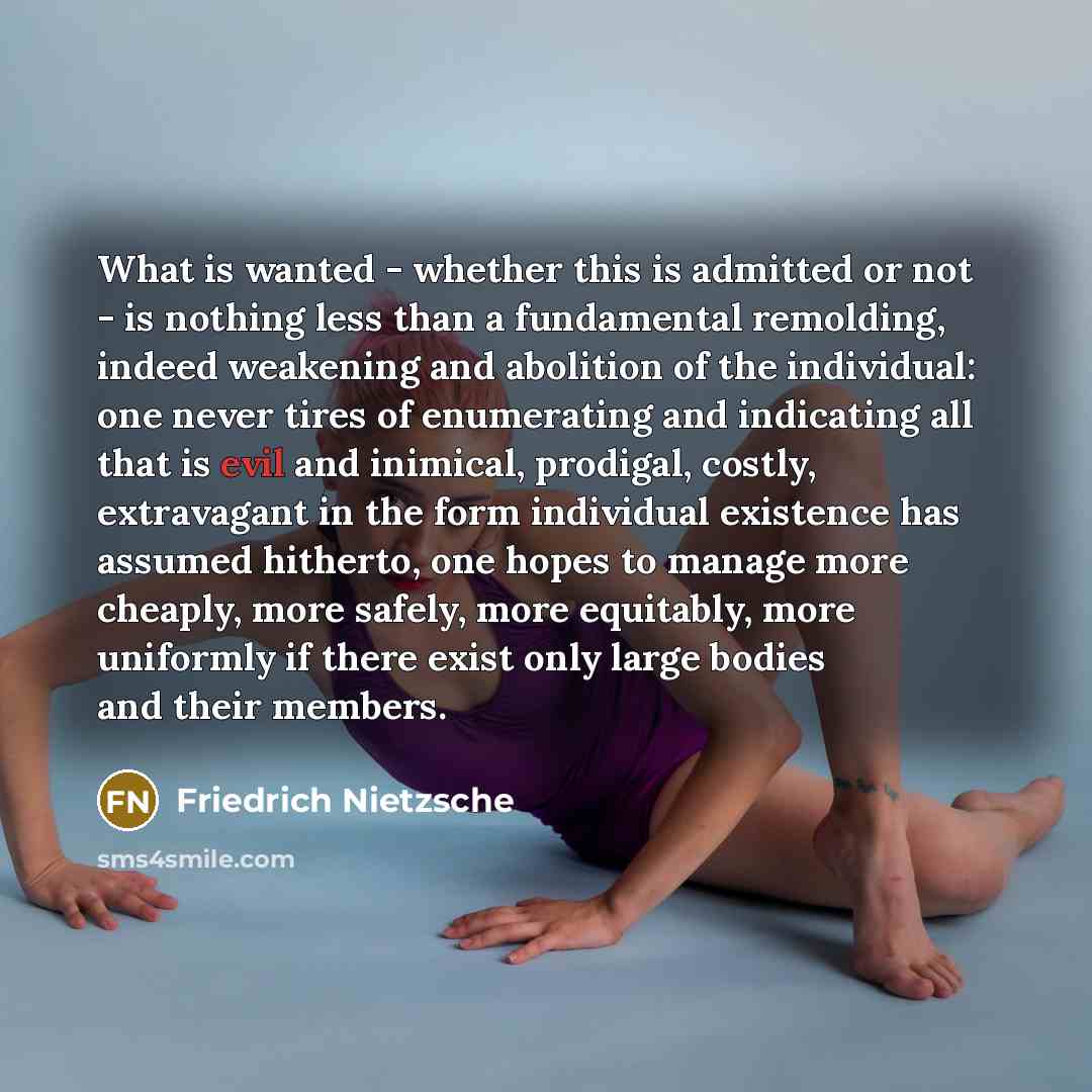 “What is wanted - whether this is admitted or not - is nothing less than a fundamental remolding, indeed weakening and abolition of the individual: one never tires of enumerating and indicating all that is evil and inimical, prodigal, costly, extravagant in the form individual existence has assumed…” quote by Friedrich Nietzsche