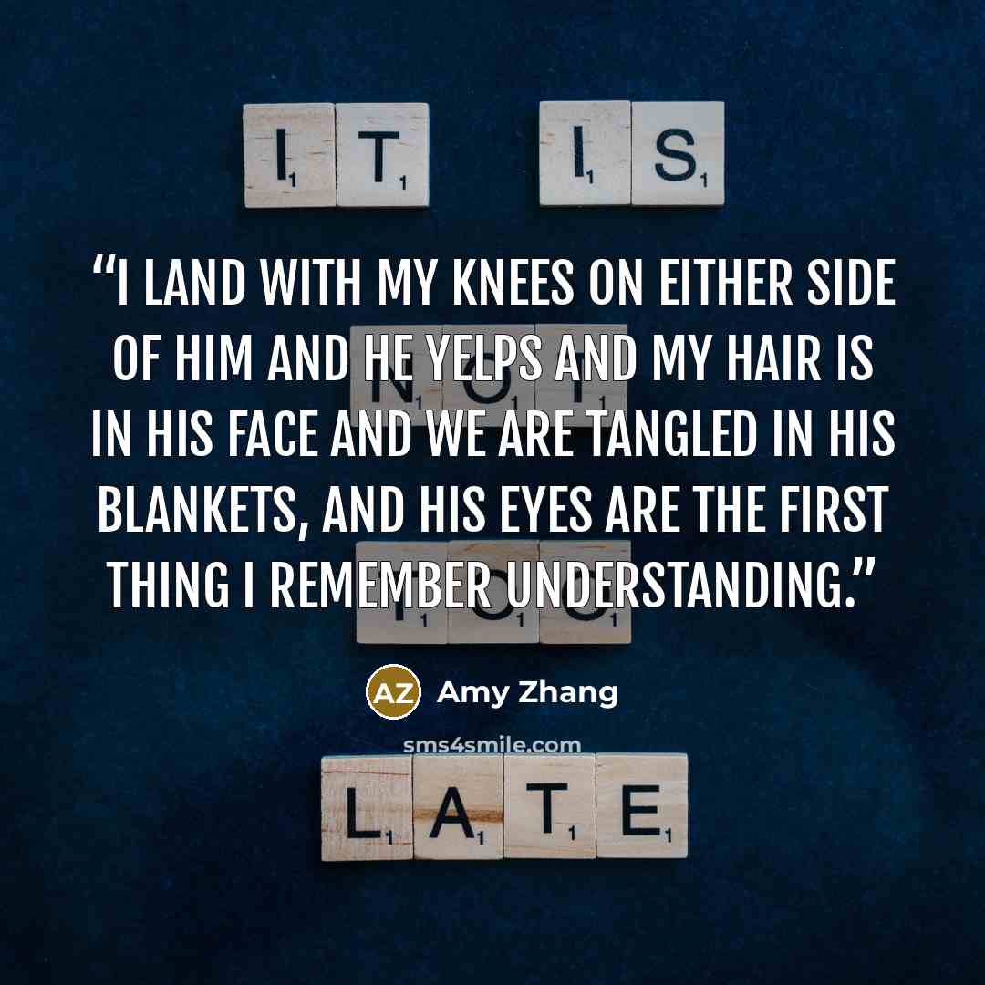 “I land with my knees on either side of him and he yelps and my hair is in his face and we are tangled in his blankets, and his eyes are the first thing I remember understanding.” quote by Amy Zhang