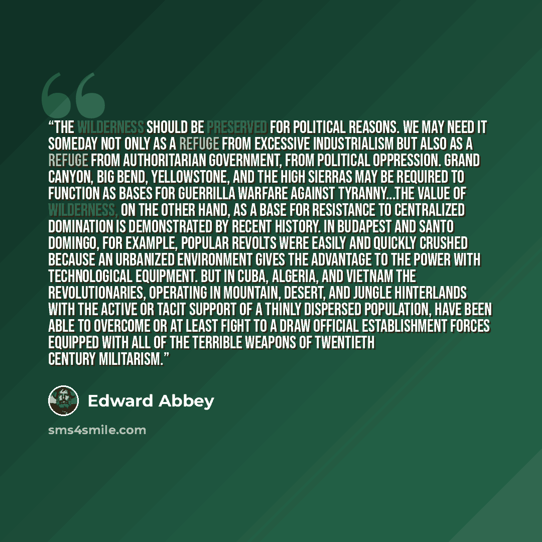 “the wilderness should be preserved for political reasons. We may need it someday not only as a refuge from excessive industrialism but also as a refuge from authoritarian government, from political oppression. Grand Canyon, Big Bend, Yellowstone, and the High Sierras may be required to function as…” quote by Edward Abbey