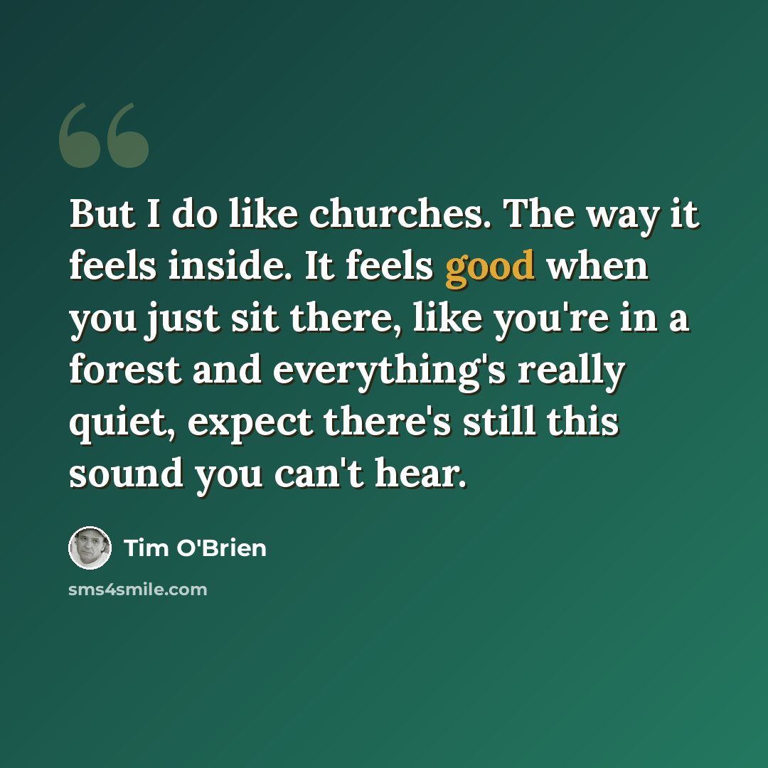 “But I do like churches. The way it feels inside. It feels good when you just sit there, like you're in a forest and everything's really quiet, expect there's still this sound you can't hear.” quote by Tim O'Brien