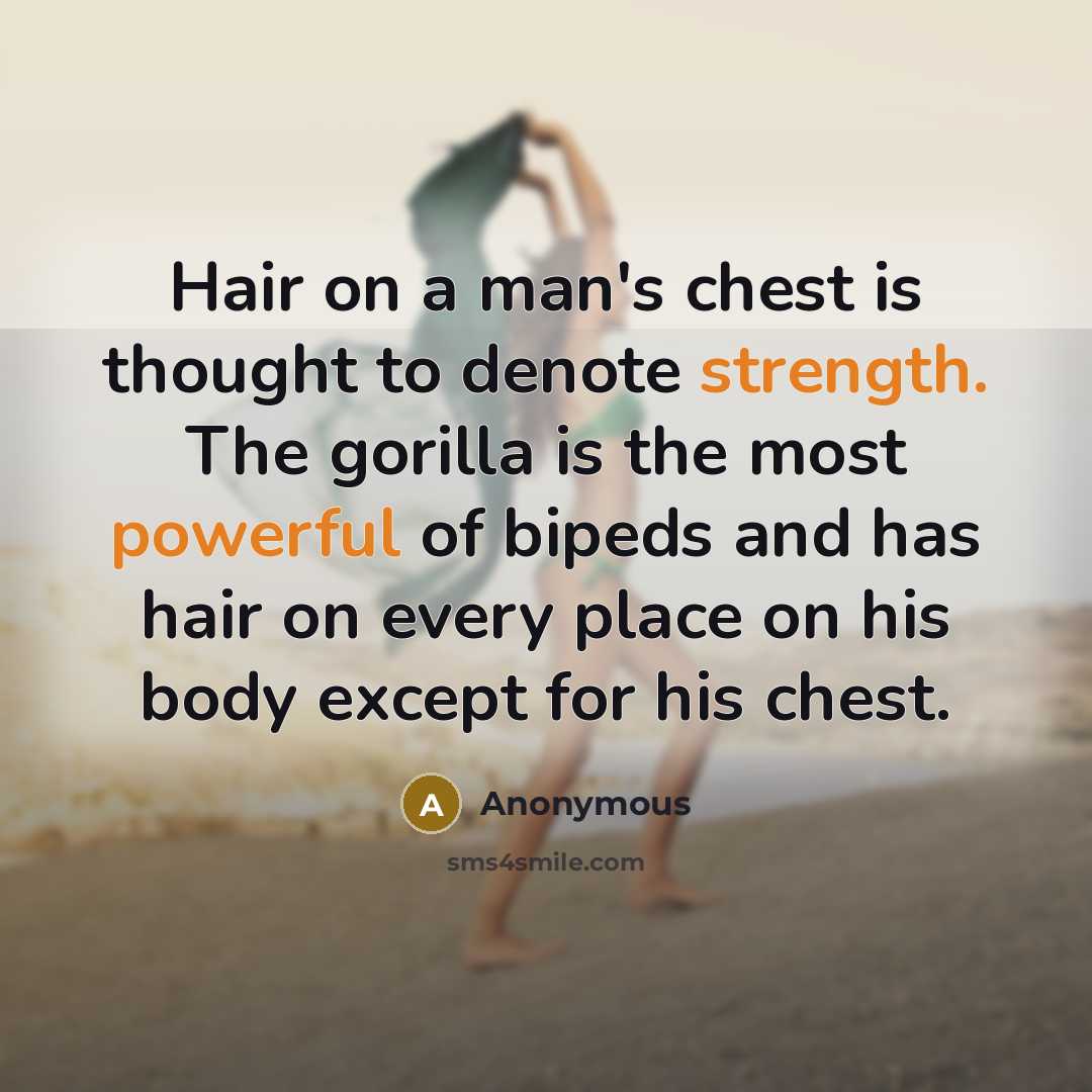 “Hair on a man's chest is thought to denote strength. The gorilla is the most powerful of bipeds and has hair on every place on his body except for his chest.” quote by Anonymous