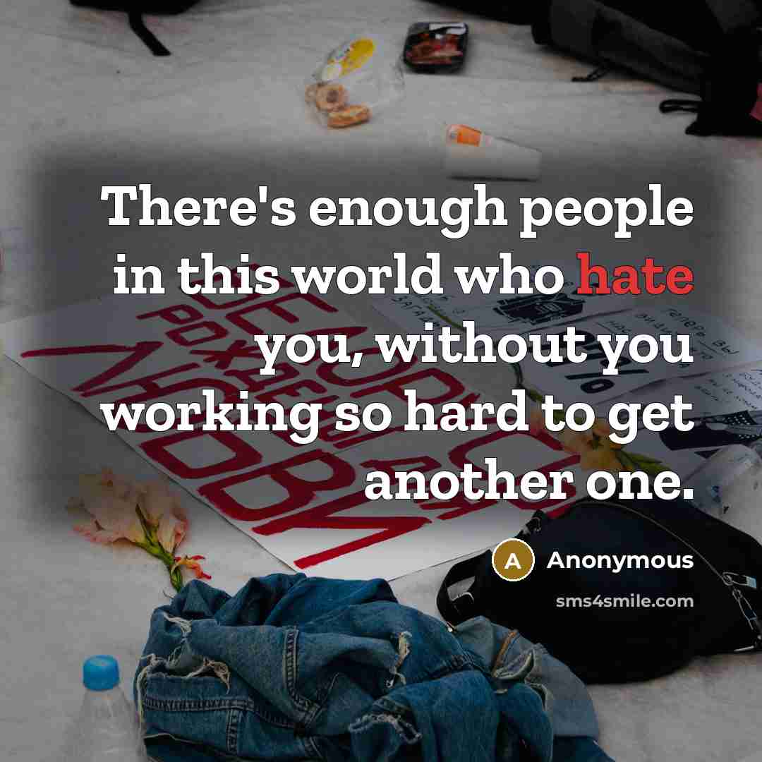 “There's enough people in this world who hate you, without you working so hard to get another one.” quote by Anonymous