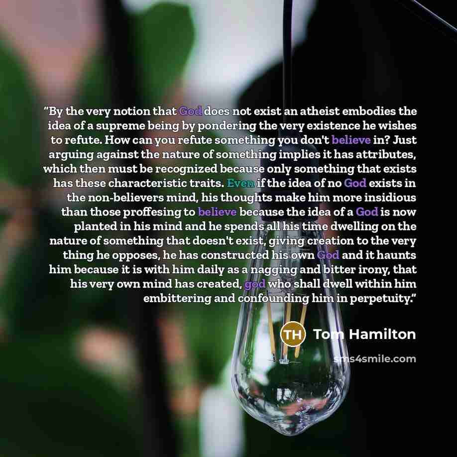 “By the very notion that God does not exist an atheist embodies the idea of a supreme being by pondering the very existence he wishes to refute. How can you refute something you don't believe in? Just arguing against the nature of something implies it has attributes, which then must be recognized…” quote by Tom Hamilton