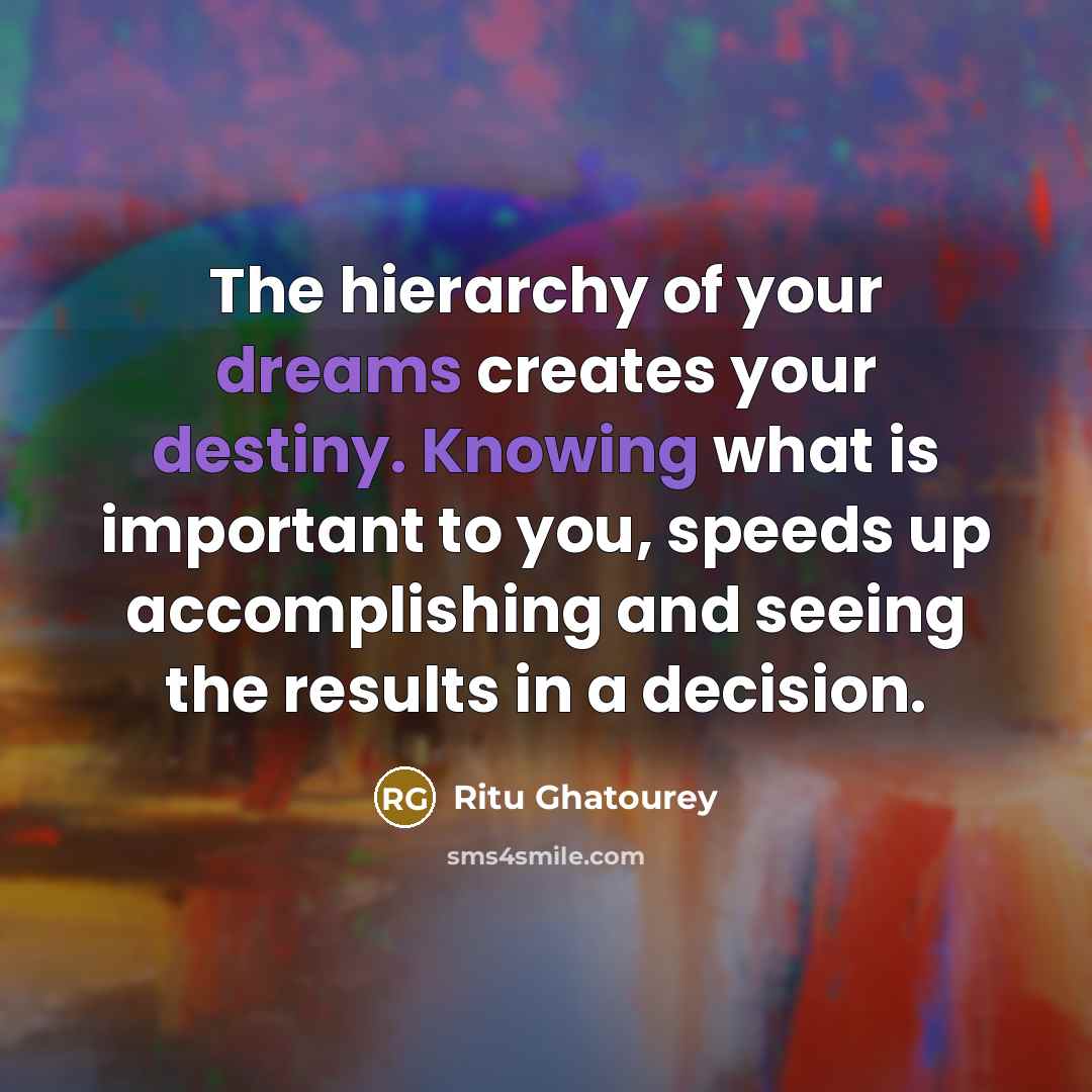 “The hierarchy of your dreams creates your destiny. Knowing what is important to you, speeds up accomplishing and seeing the results in a decision.” quote by Ritu Ghatourey