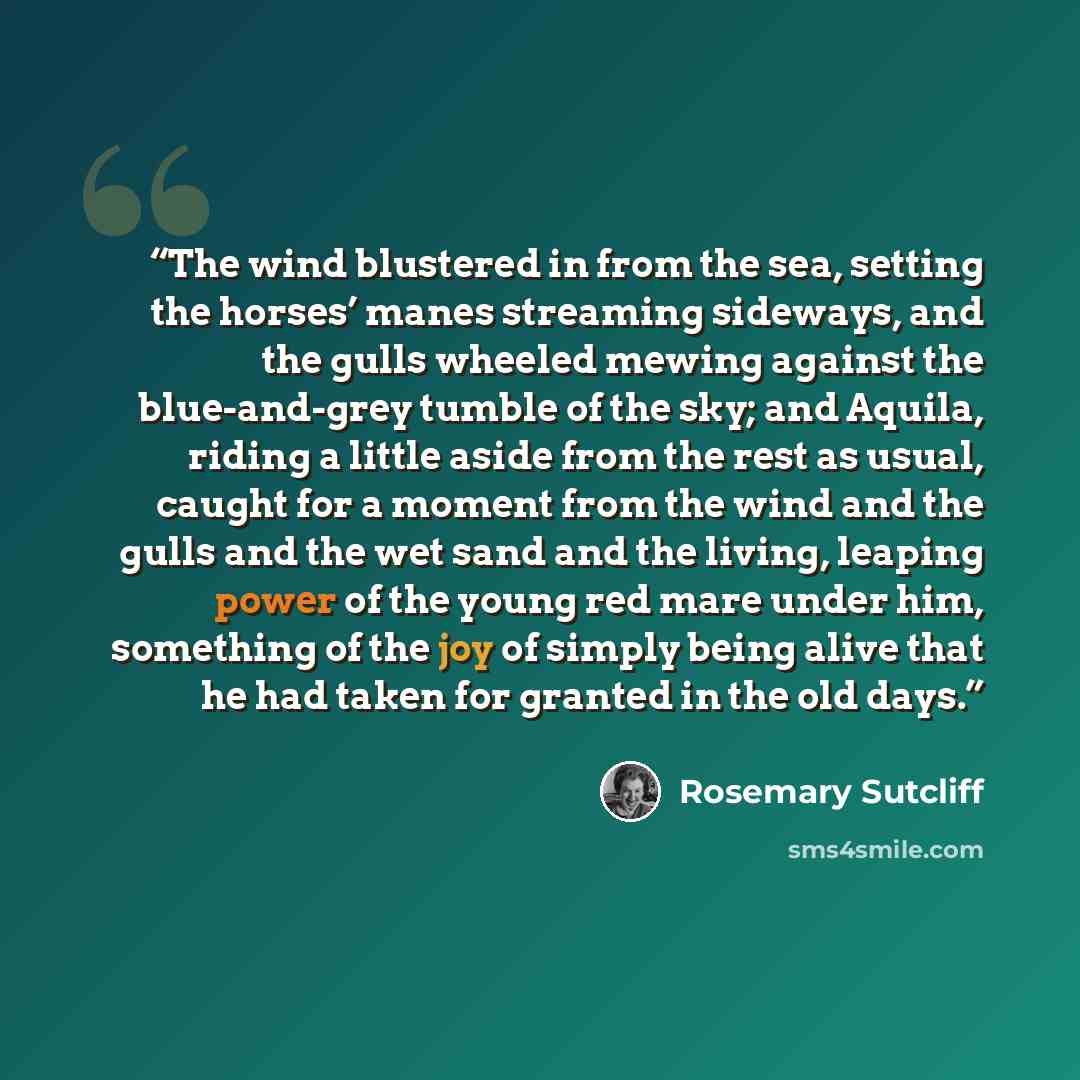 “The wind blustered in from the sea, setting the horses’ manes streaming sideways, and the gulls wheeled mewing against the blue-and-grey tumble of the sky; and Aquila, riding a little aside from the rest as usual, caught for a moment from the wind and the gulls and the wet sand and the living…” quote by Rosemary Sutcliff