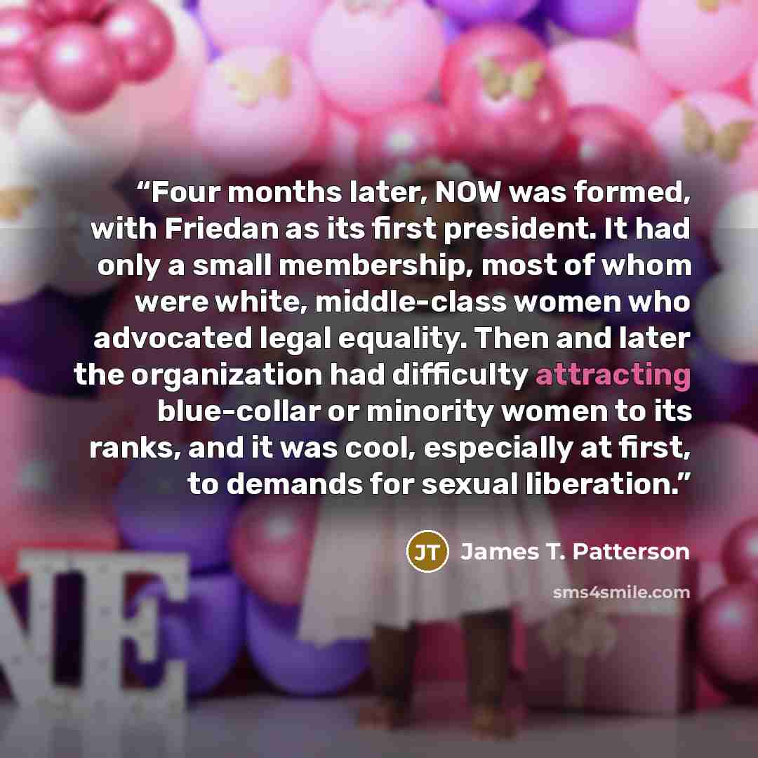 “Four months later, NOW was formed, with Friedan as its first president. It had only a small membership, most of whom were white, middle-class women who advocated legal equality. Then and later the organization had difficulty attracting blue-collar or minority women to its ranks, and it was cool…” quote by James T. Patterson