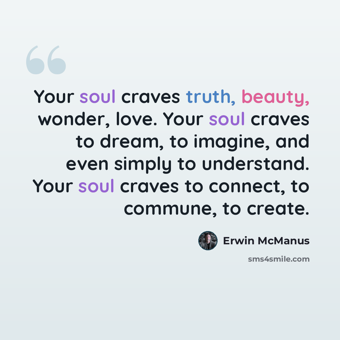 “Your soul craves truth, beauty, wonder, love. Your soul craves to dream, to imagine, and even simply to understand. Your soul craves to connect, to commune, to create.” quote by Erwin McManus
