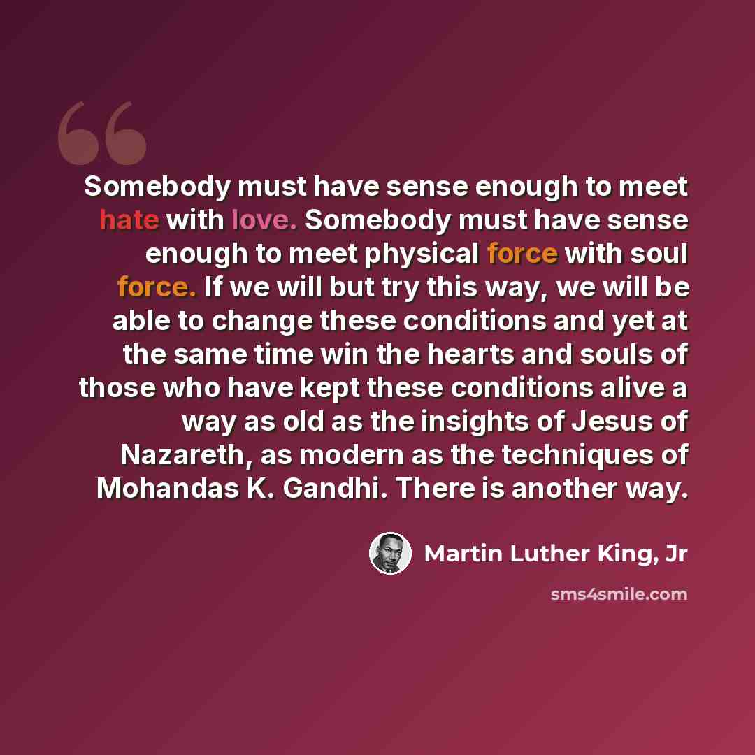 “Somebody must have sense enough to meet hate with love. Somebody must have sense enough to meet physical force with soul force. If we will but try this way, we will be able to change these conditions and yet at the same time win the hearts and souls of those who have kept these conditions alive a…” quote by Martin Luther King, Jr