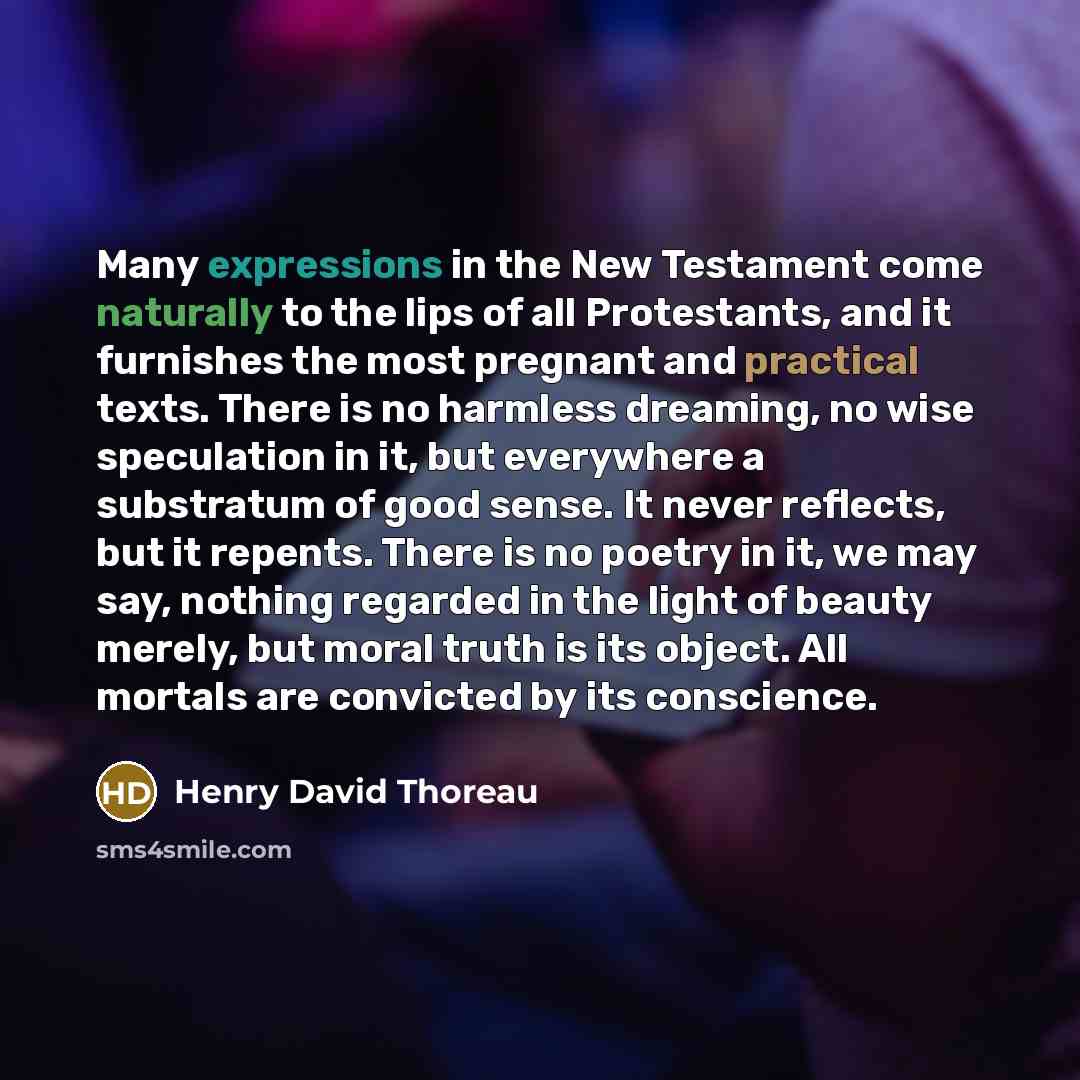 “Many expressions in the New Testament come naturally to the lips of all Protestants, and it furnishes the most pregnant and practical texts. There is no harmless dreaming, no wise speculation in it, but everywhere a substratum of good sense. It never reflects, but it repents. There is no poetry in…” quote by Henry David Thoreau