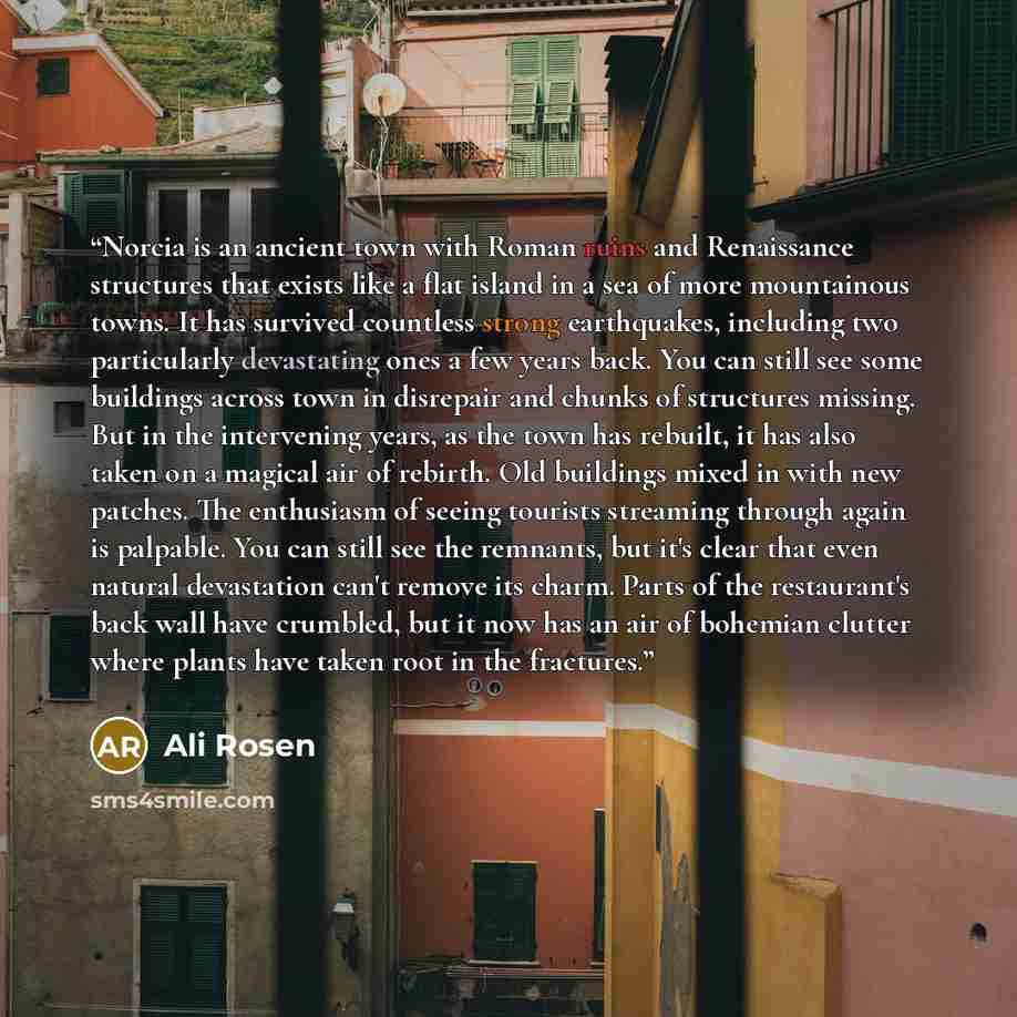 “Norcia is an ancient town with Roman ruins and Renaissance structures that exists like a flat island in a sea of more mountainous towns. It has survived countless strong earthquakes, including two particularly devastating ones a few years back. You can still see some buildings across town in…” quote by Ali Rosen