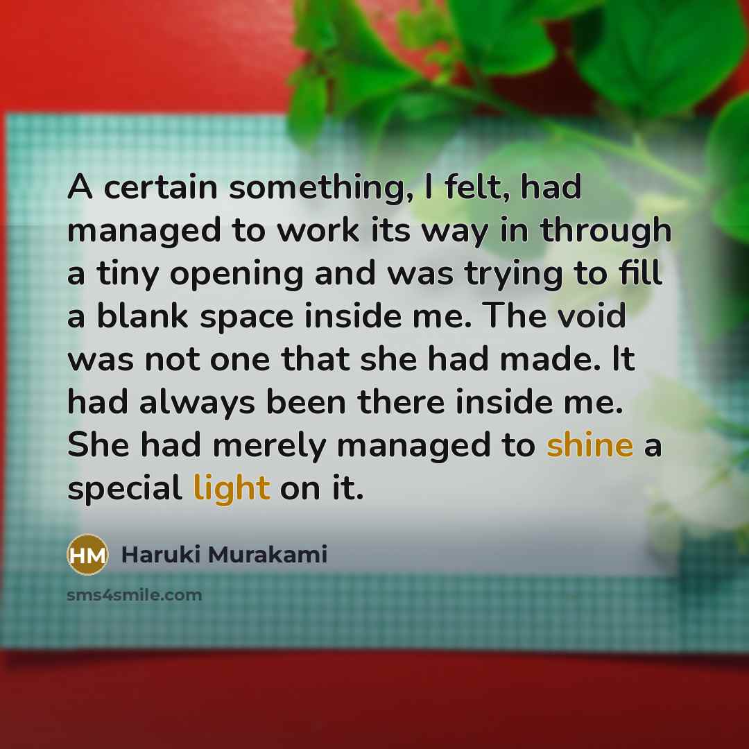“A certain something, I felt, had managed to work its way in through a tiny opening and was trying to fill a blank space inside me. The void was not one that she had made. It had always been there inside me. She had merely managed to shine a special light on it.” quote by Haruki Murakami